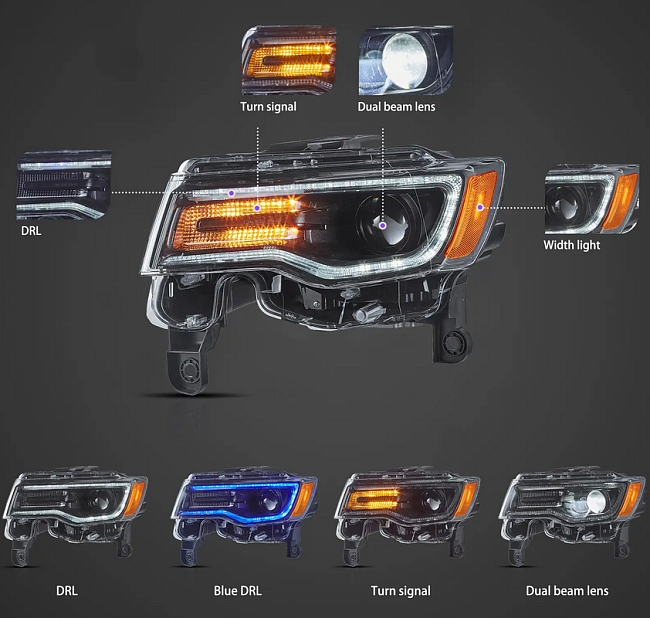 картинка Передние фары Vland для Jeep Grand Cherokee 2014-2022 Full Led магазин  StreetTuning 
